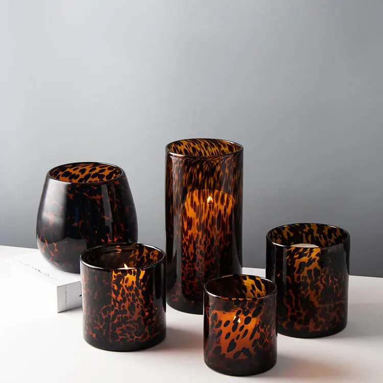Hand Blown Cylinder Glass Candle Holder Colorful Brown Leopard Animal Print Tortoise Shell Glasses Design for Christmas Decor
