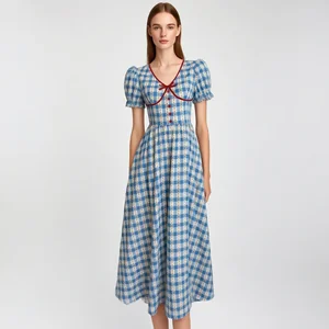 Custom Women's Blue Gingham Cotton Midi Dress with Puff Sleeve and Bow Decoration