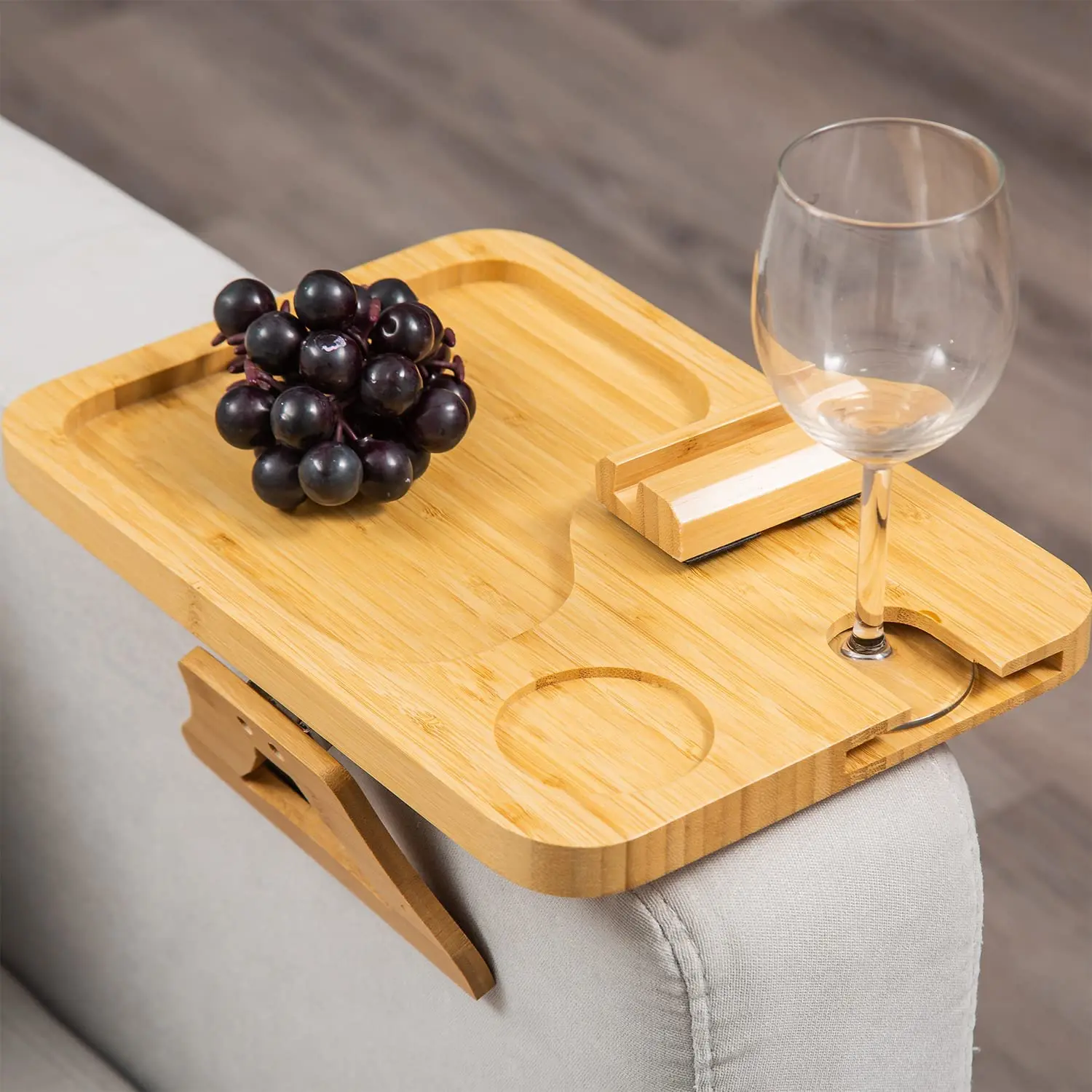 Bamboo Couch Arm Tray Table, Foldable Sofa Arm Tray Clip Table with Goblet Card Slots, with 360 Rotating Phone Holder