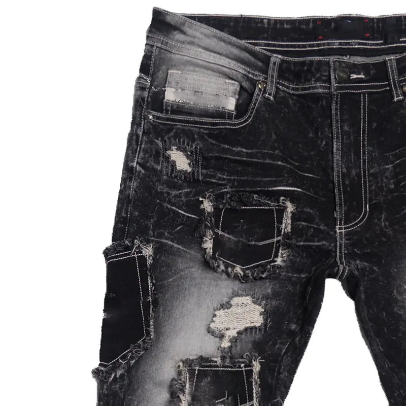 High-Quality Denim Fabric Ripped & Repair With Pocket Patches Rackade  Stacked Jeans Pants For Men