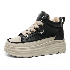 New Leisure 2023 Autumn Daily Artificial Leather Inner Heightening Women's Shoes Thick Sole Student Simple Skateboarding Shoes