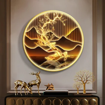 Living Room Decorative Nordic Elk Deer Abstract Led Painting Porcelain Crystal Planet Led Wall Art