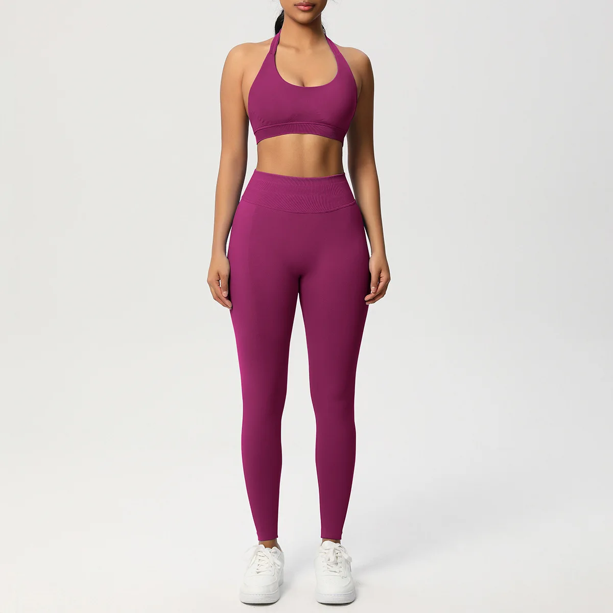 Seamless Knitted Yoga Suit Halter Neck High Waist Quick Dry Sports Bra Set Tight-Fitting detail