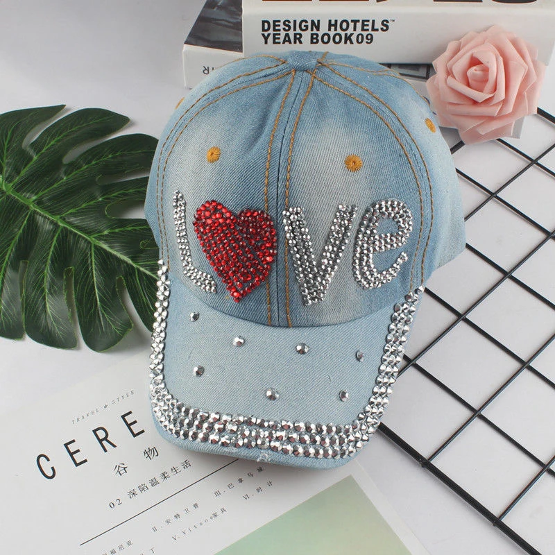 Bling Cap - Distressed Denim Baseball Hat with Rhinestones display picture 1