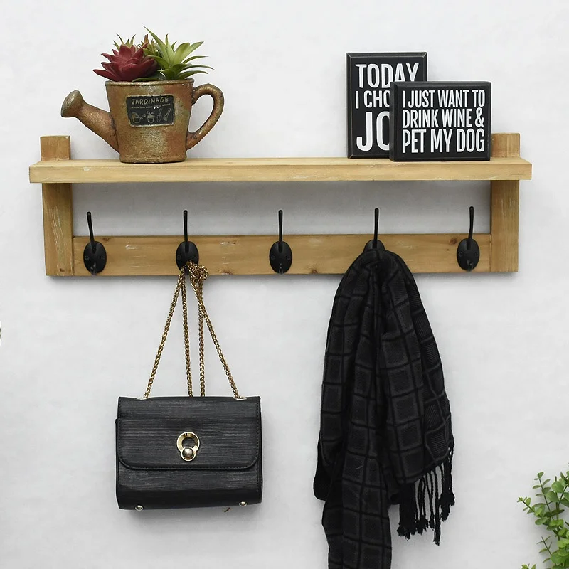 Rustic Wall Mounted Coat Rack Shelf,Farmhouse Brown Wooden Entryway