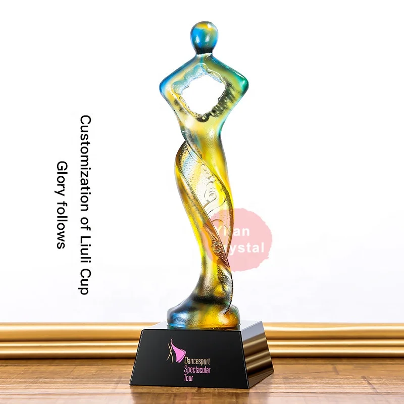 Customize Superior Dancer Shape Gradient Crystal Liuli Glazed Trophy Award With Black Base
