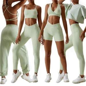 Custom Fashion Women Sets Training 2023 Scrunch V Waist Leggings Shorts Sweatshirt Sports Bra Gym Fitness Sets
