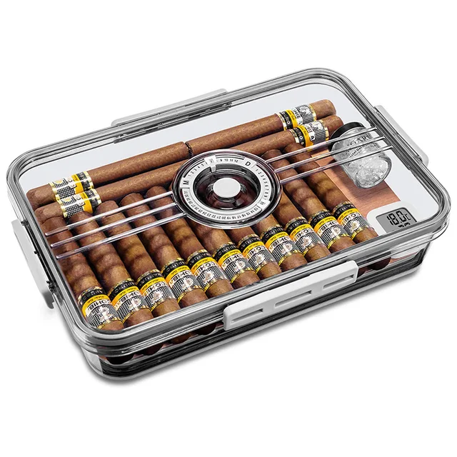 CIGARLOONG sealed and nourished clear cigar box holds 30 cigars, with built-in hygrometer cigar humidor