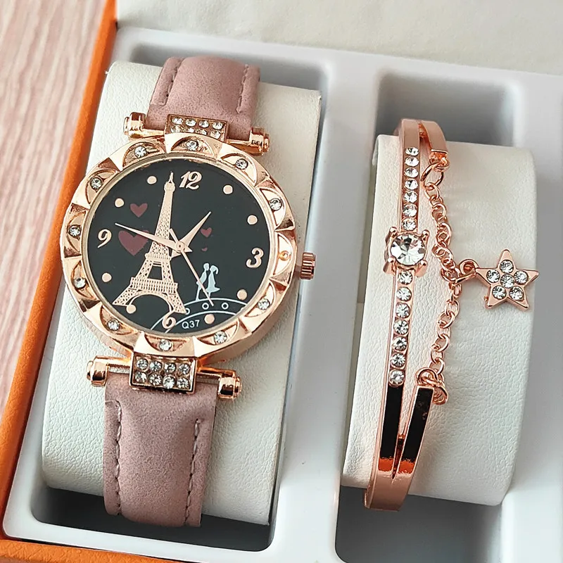 2024 Elegant Ladies Wrist Watch Set New Stylish Girl Love Pattern Bracelet  Watch Women Stainless Steel Band Quartz Fashion Watch