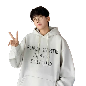 High Quality Knitted Heavyweight Pullover Hooded Street Wear Hoodie Custom Printed Chest Logo Puff Sleeve Plain Winter