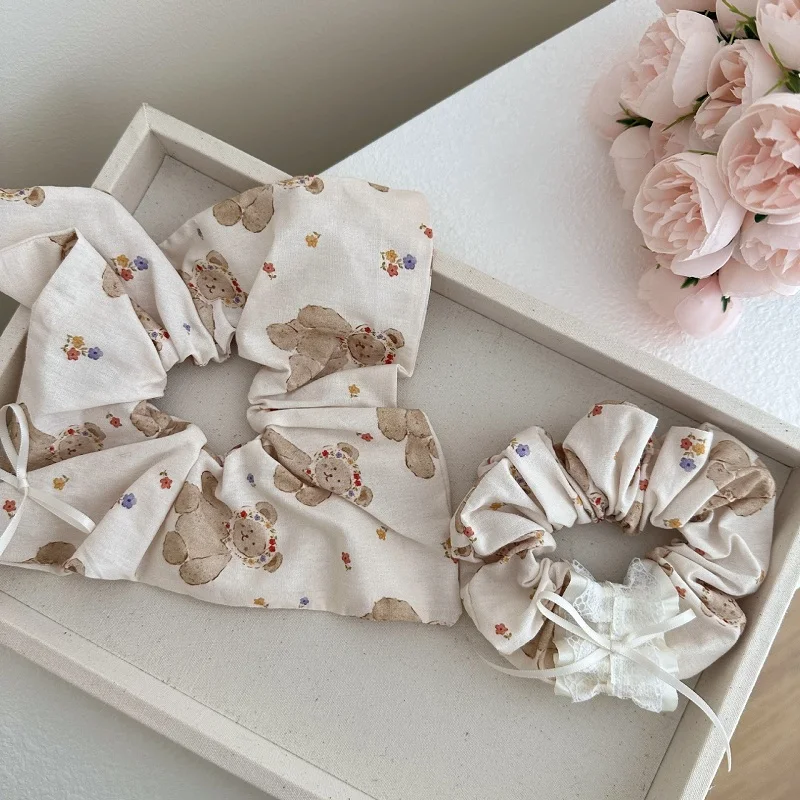MIO Cute Cartoon Korean Style Hair Scrunchies Sweet Girls square Elastic Tie Bear Flower Rope with Lace Ribbon Bowknot