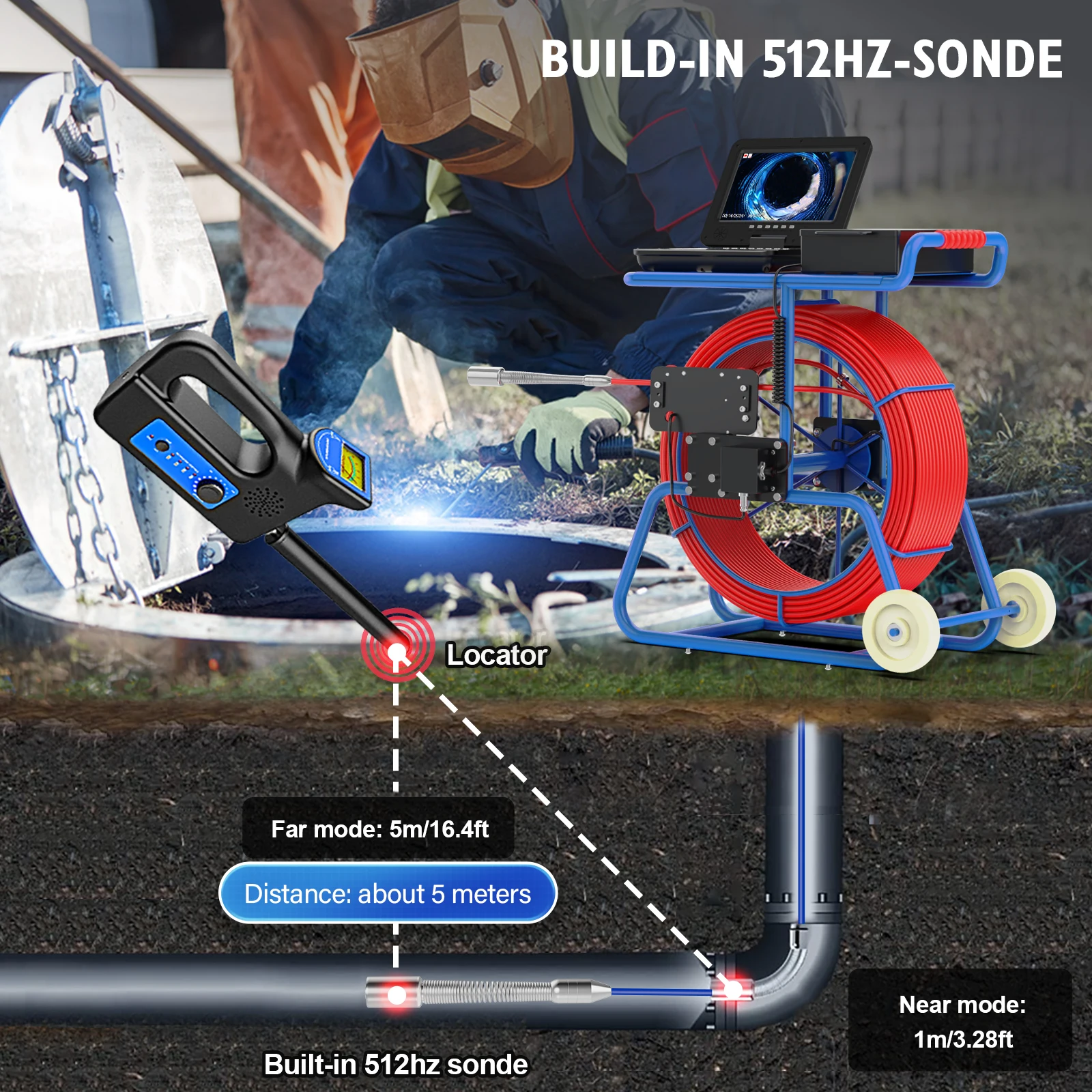 9mm Cable Sewer Pipe Inspection Camera - 10 Inch IPS 1080P Screen