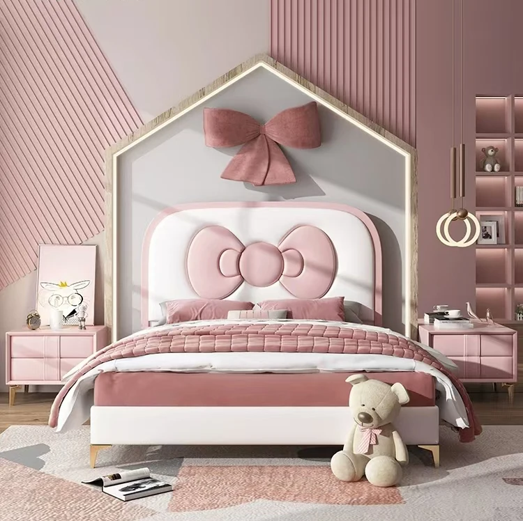 Newest Design Single Size Crystal Decorative Cute pink Girls Polyester Fabric Children Bed for Kids Hot Kids Bedroom Furniture