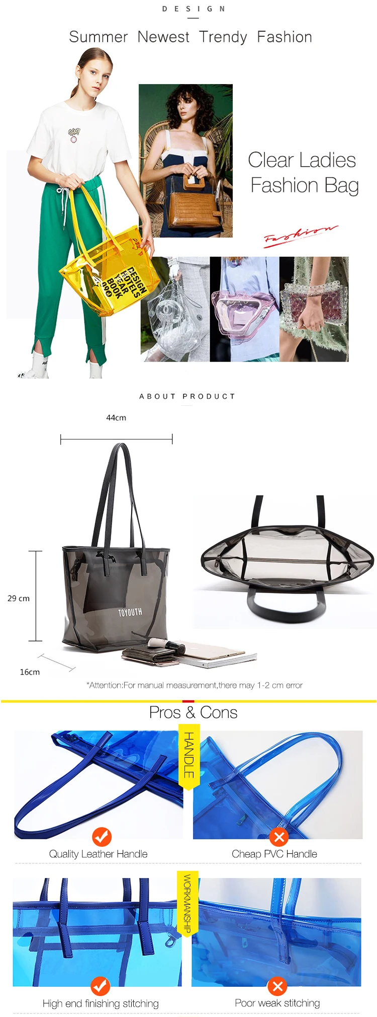 Wholesale Plastic Pvc Clear Vinyl Tote Hand Bag Ladies Black