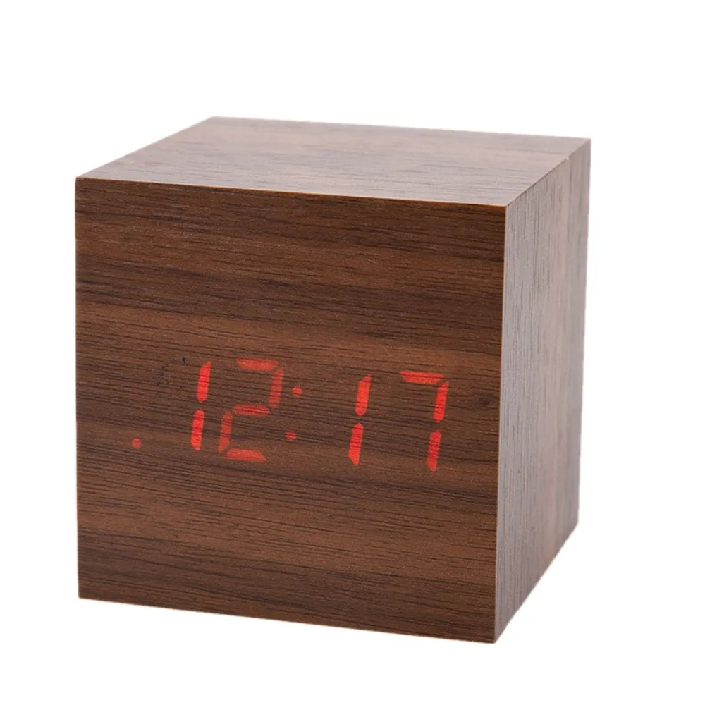 1PC Digital LED Bamboo Wooden Wood Desk Alarm Brown Clock Voice Control Trendy 