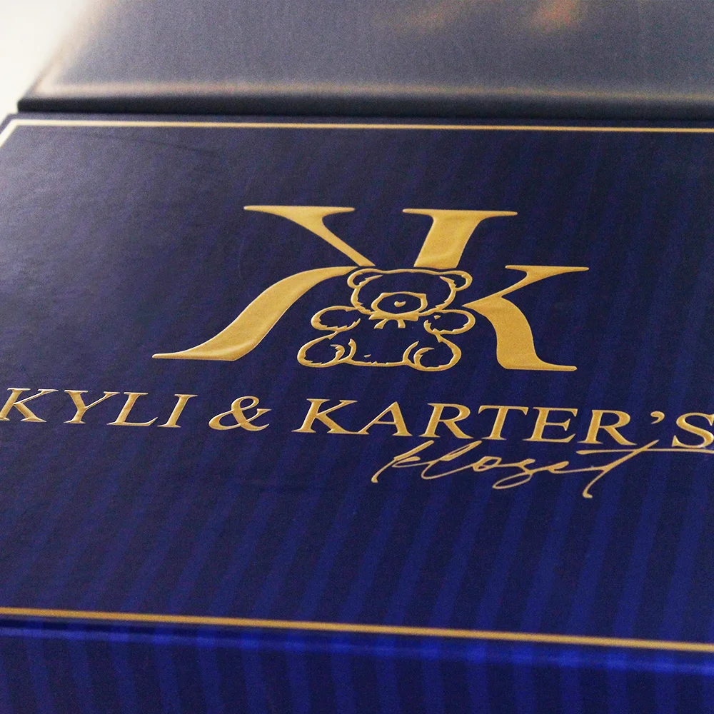 Wholesale Custom Goldem Foil Stamping Large Blue Folding Gift Box Coated Paper for Garment Dress Recycled Materials Socks