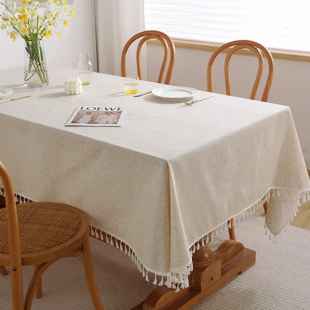 Simple tassels modern plain color rectangular fabric dining table cloth