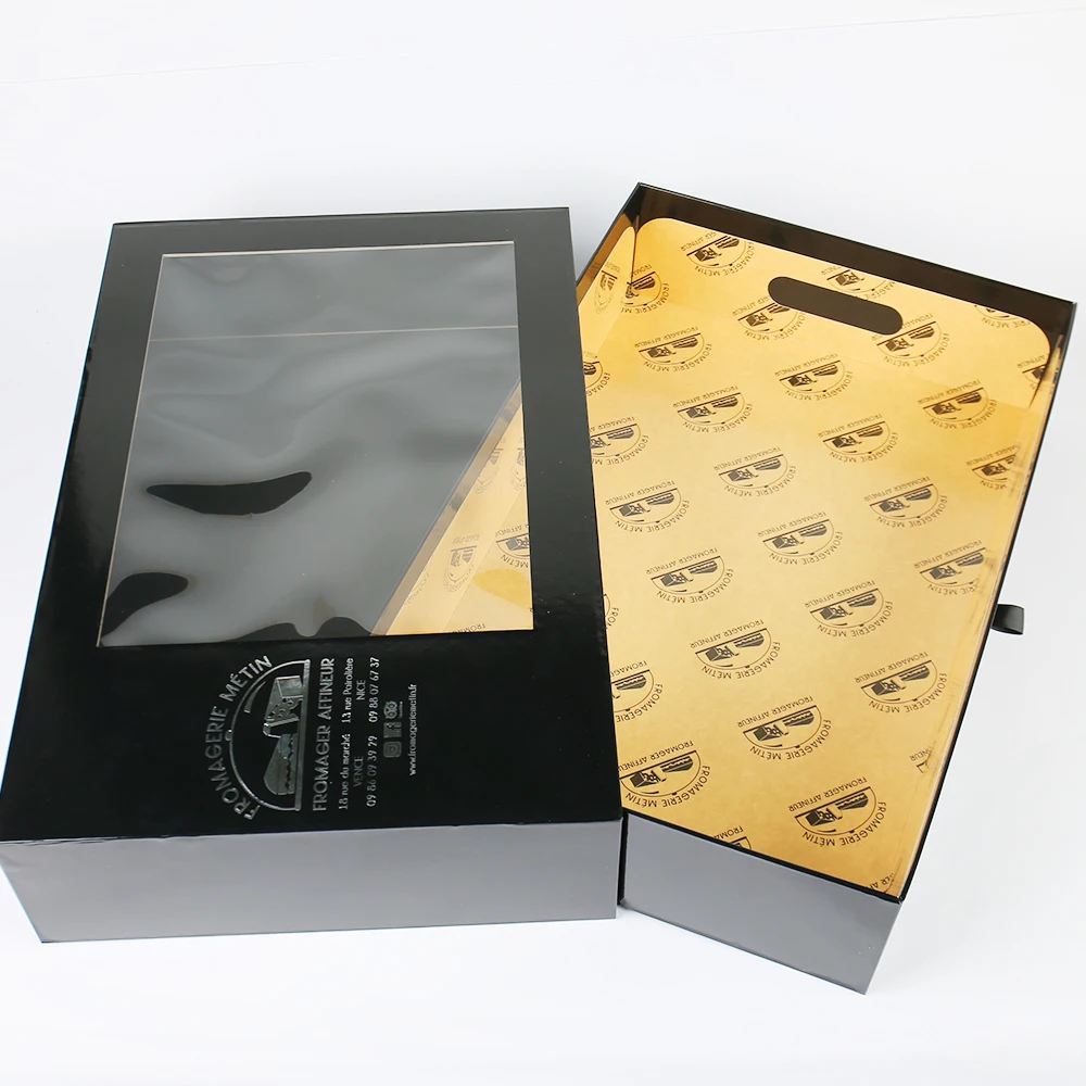 علبة درج مخصصة فاخرة بلون فضي عالي الجودة مع تثبيت حراري فضي وتصميم نافذة من مادة PVC وبطانة من الورق الكرافت، مناسبة لتغليف الأغذية والهدايا، مع تأثير نقش بارز