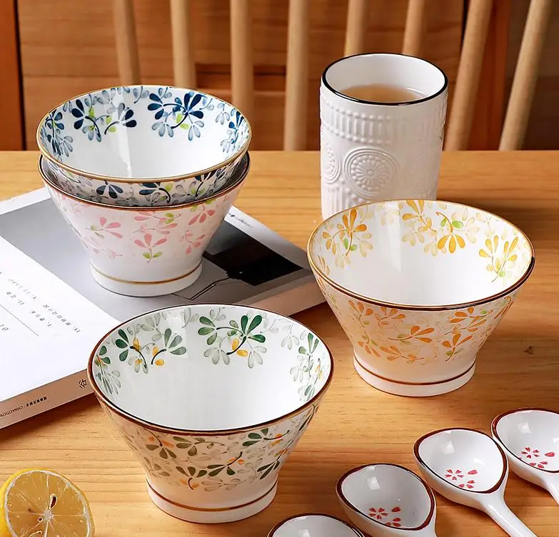 Four seasons flower Japanese ceramic rice bowl 5-inch straw-hat-shaped bowl tableware 2021 new home tall bowl