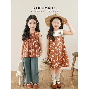YOEHYAUL X4790 100% Cotton Bunny Print Summer Dresses for Kids Casual Breathable 2 Year Old Girl Dress Tank Top for Girls