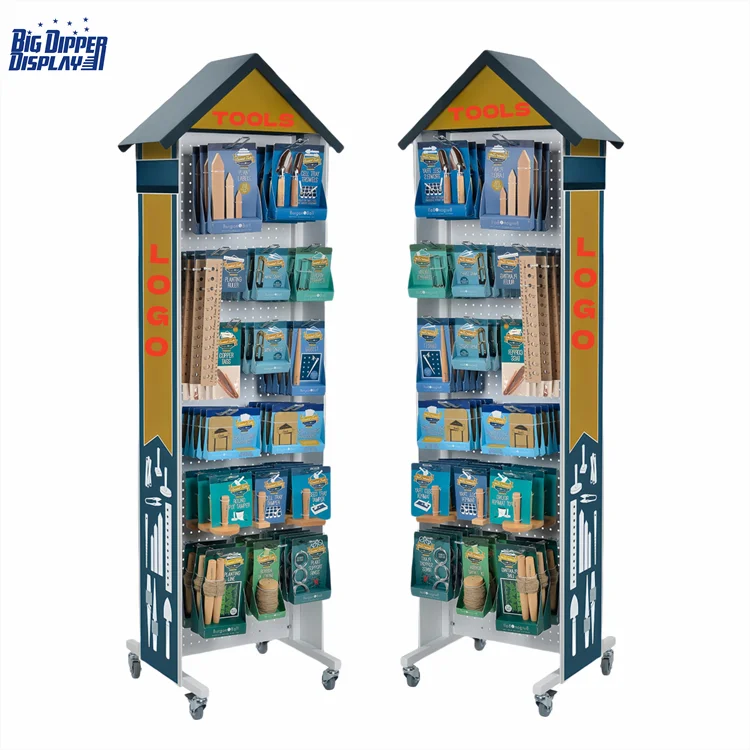 Custom Metal Hardware Store Display Racks Stands Floor Style Pegboard Display Stand Ferreteria Hooks Shelves Steel Iron Retail