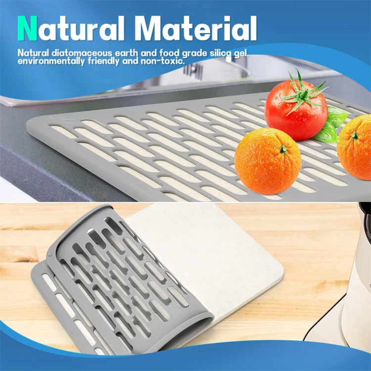 Stone Dish Drying Mats Wrapped in Silicone Webbing for Kitchen Counter Diatomaceous Earth Quick Kitchen Drying Mat