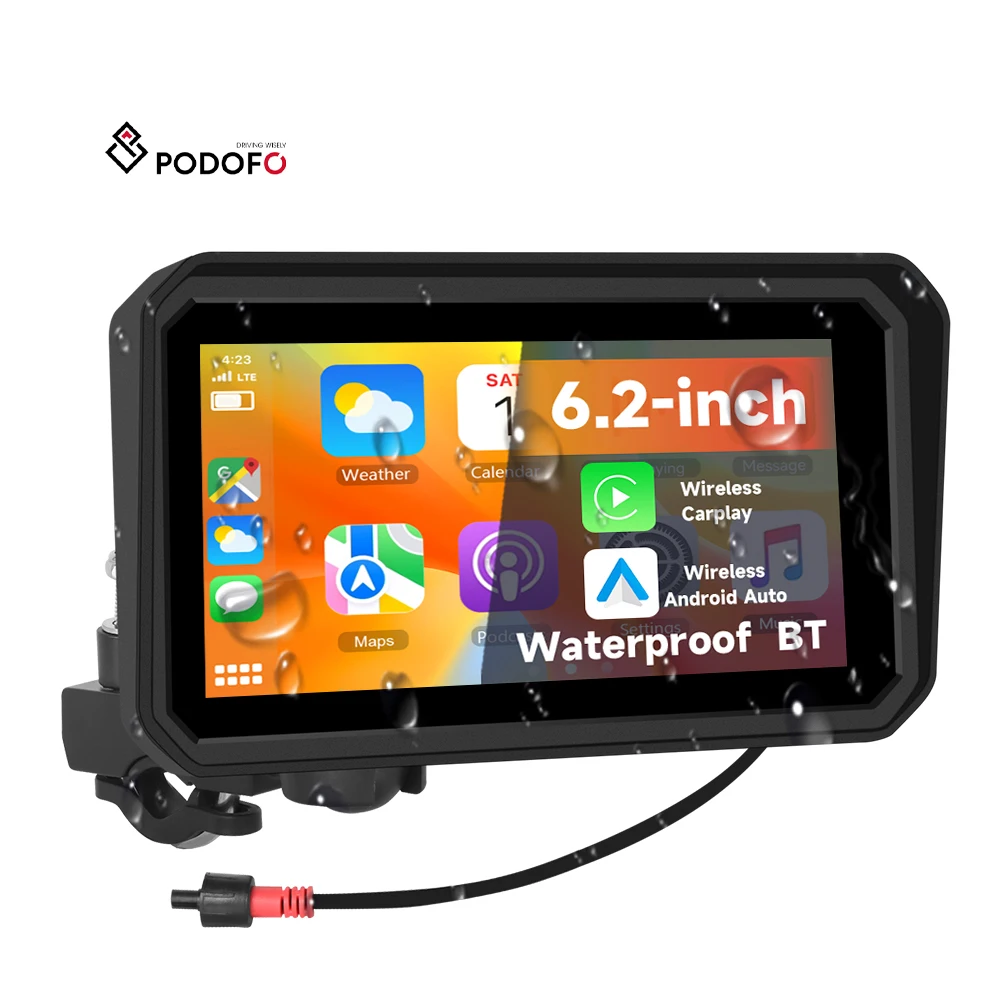 Podofo 6.2 Inch Portable Motorcycle Carplay/Android Auto IPS Screen BT IP68 Waterproof Motorcycle Radio OEM/ODM/Customization A4162