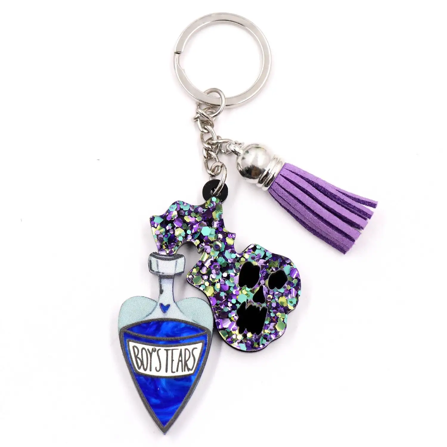 ZSHKH1382 Halloween Glitter Laser Cut Keychain Poison Keyring with Tassel Acrylic Purse Accessories for Key Gift