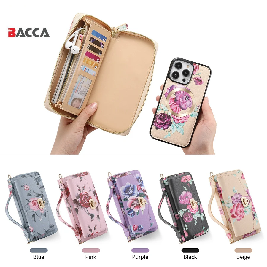 Flowers Painted RFID Protection Wallet Large Capacity for iPhone 15 14 for Samsung Cosmetic Bag Phone Cases With Mirror