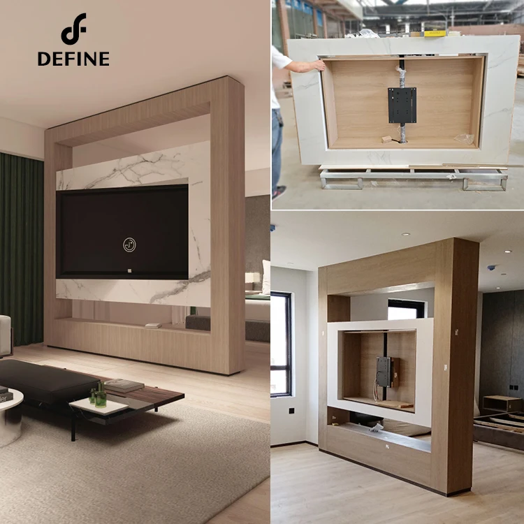 Latest Modern Design Metal TV Mount Marble Grain Panel Background Wall Unit Wooden Rotating TV Cabinet