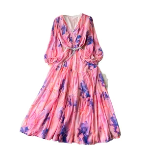 Women's Ethnic Beaded V-Neck Printed Dress Elegant Long Floral Dress Temperament Lantern Long Sleeve for Day Office Lady