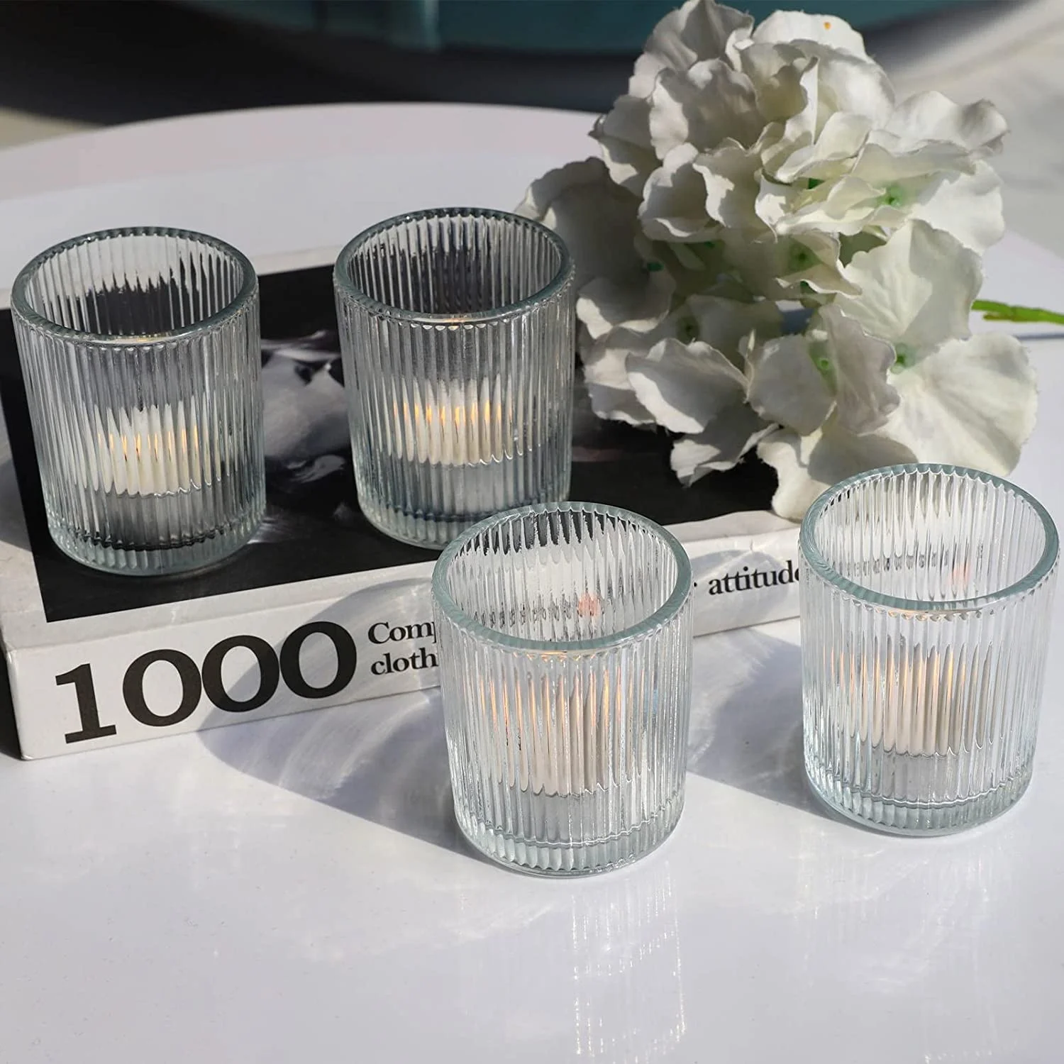 3 Ounce Retro Small Cylinder Vertical Stripe Ribbed Glass Candle Holder Votive Wax Jar for Tealight