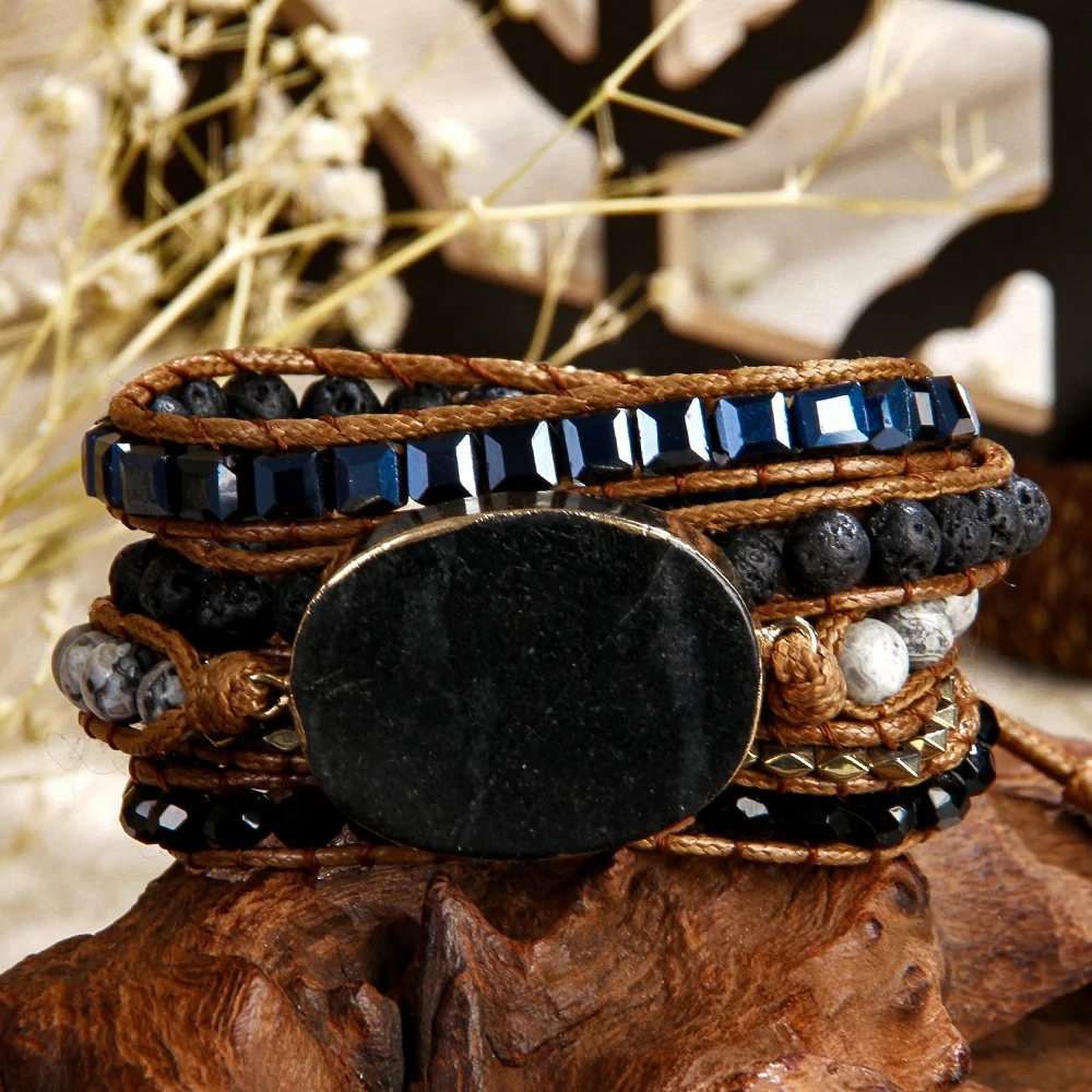 Handmade Natural Gemstone Beads Female Bracelets Square Glass Beads Beads  Men Bohemian Ocean Jasper Bracelet Wrap Bracelet