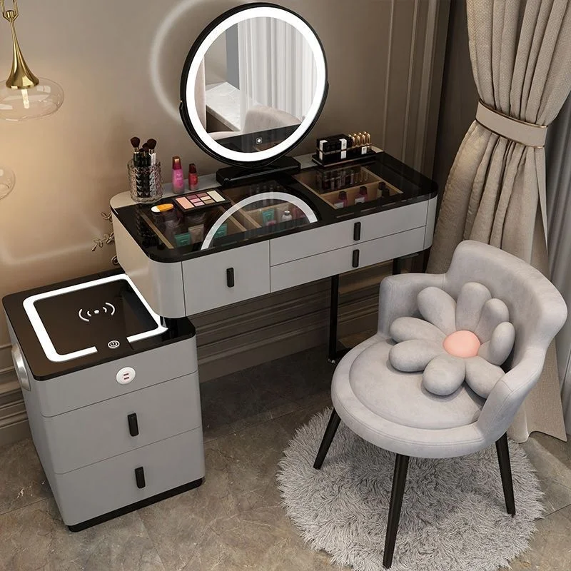 Modern Bedroom Wood Panel Lighted Mirrored Makeup Vanity Dressing Table Set