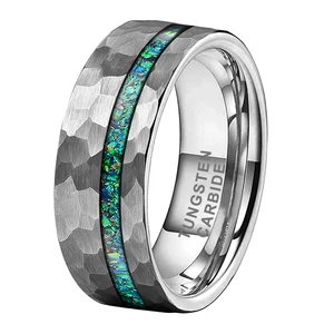 Coolstyle Jewelry 8mm Wholesale Matte Men Women Fashion Engagement Wedding Band Green Opal Inlay Hammered Tungsten Carbide Ring