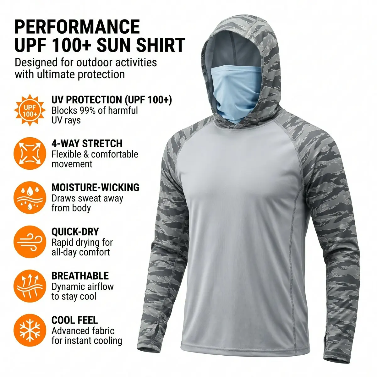 Custom Mens Fishing Hoodie UPF50+ Quick Dry UV Protection Long Sleeve Hooded Fishing Shirt with Face Mask