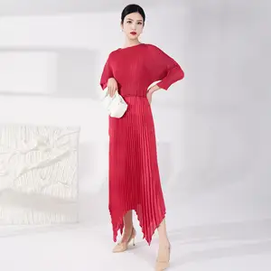 High Quality Women's Casual Style Pleated Dress Tie Irregular Pleated Design With Long Sleeves Printed Decoration