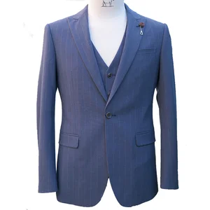 Men's 3-Piece Business Suit Latest Design with Navy Strips Fabric Fast Delivery Regular Fit Coat Pant & Vest Plus Size Available