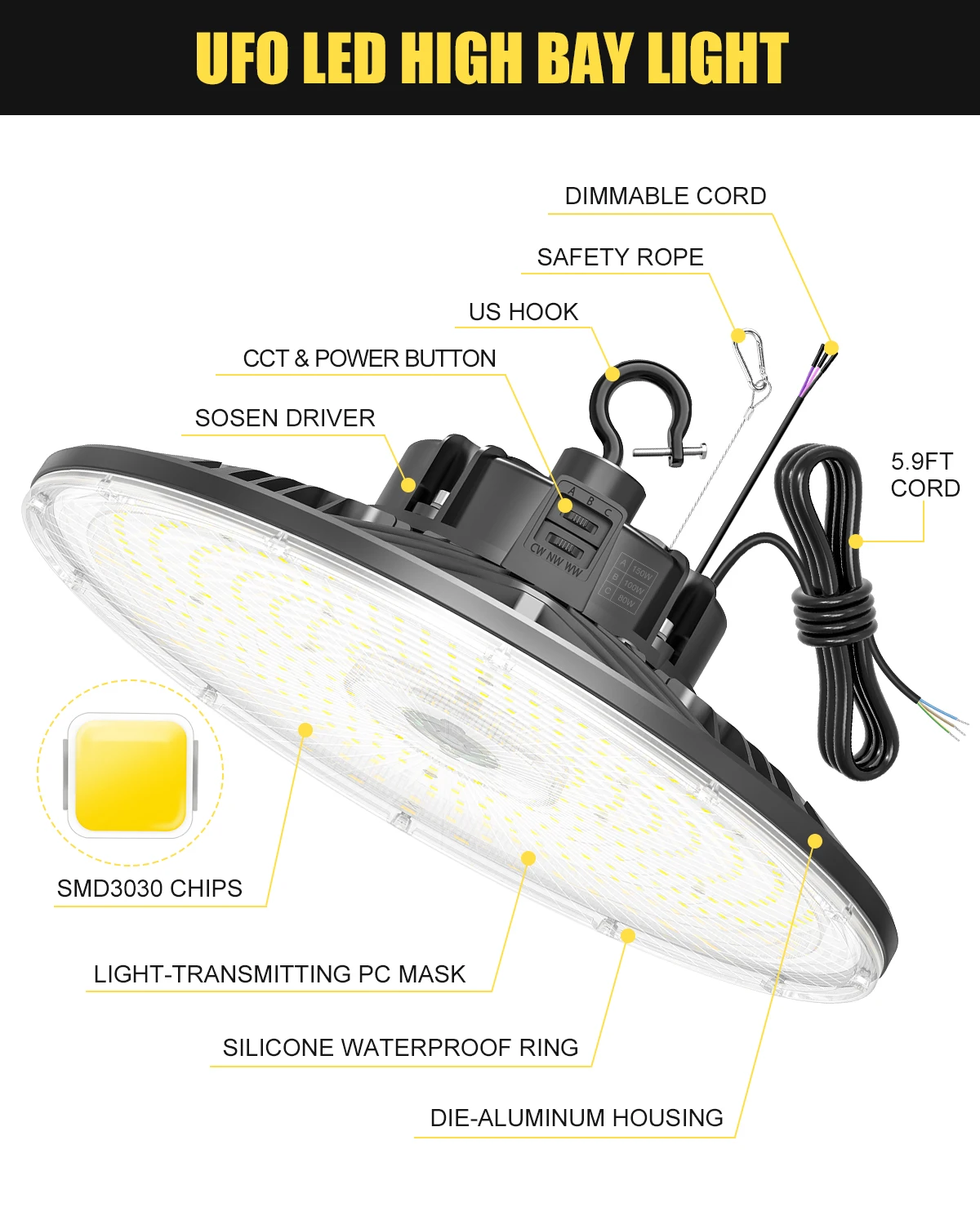 400w LED High Bay Light 300 200 Watt Industrial Fixtures IP65 3000-5000K