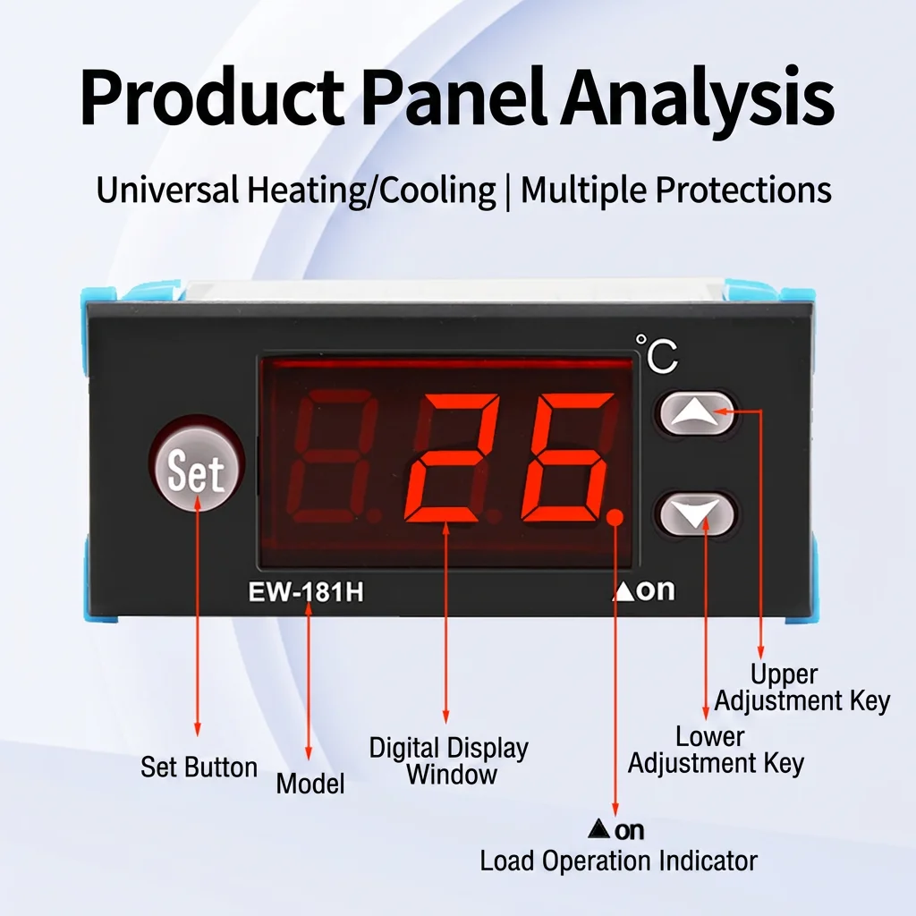 EW-181H Digital Temperature Controller Heating Cooling Thermostat 10A Relay Output with NTC Probe Sensor Panel Mount