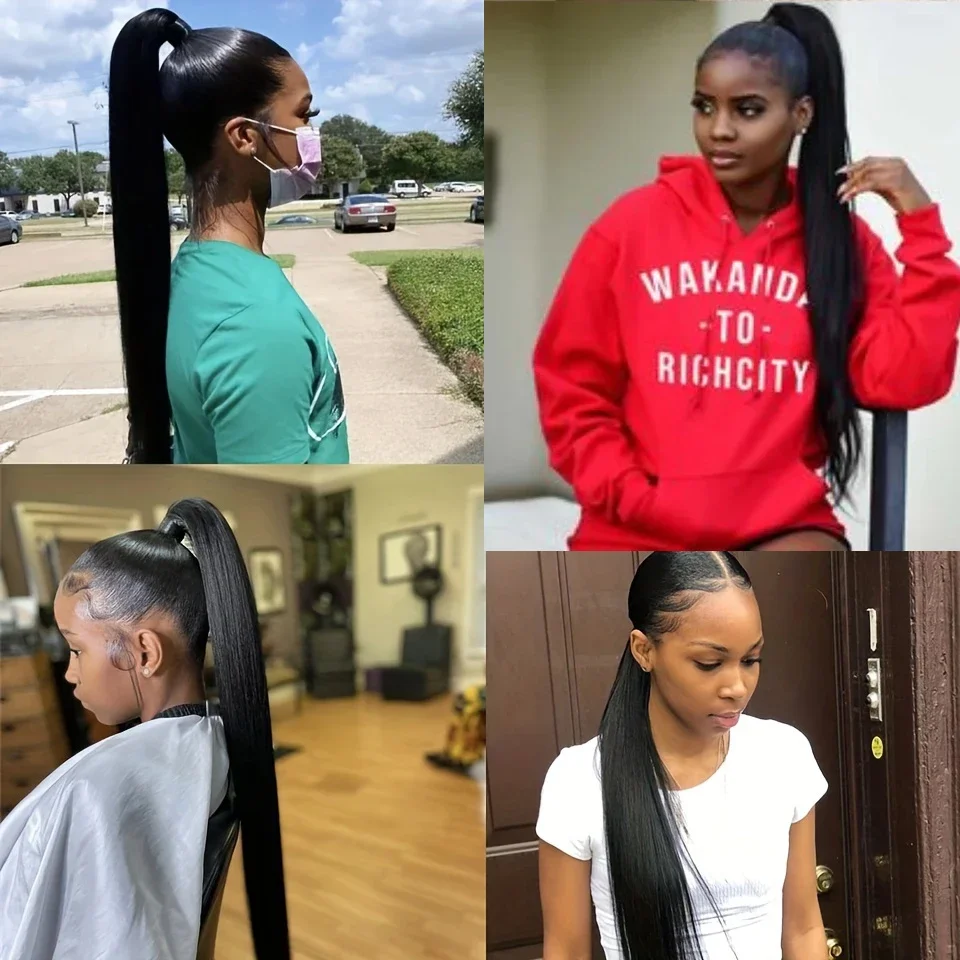 Straight Ponytail Human Hair Extensions P4/27 Color Drawstring Clip 22 24 26 Inches Women_voghion.com