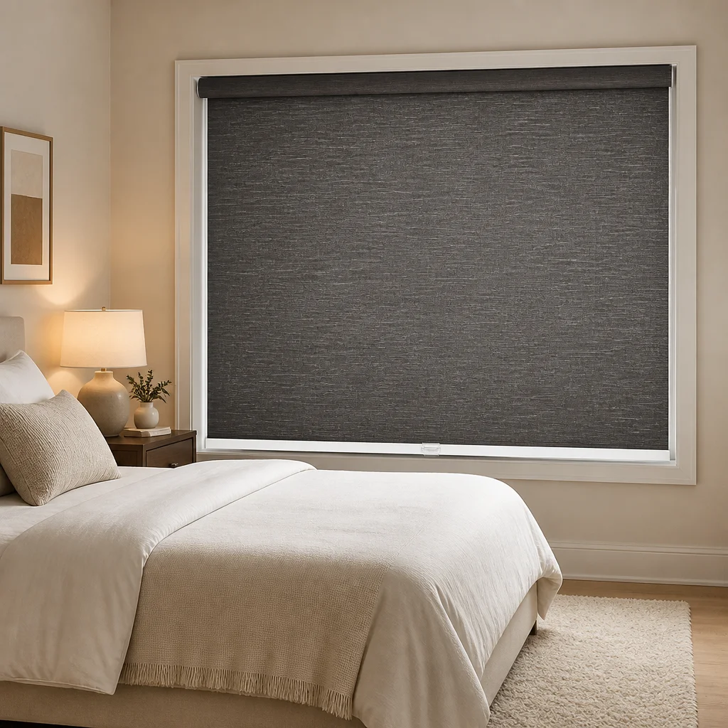 Cordless Roller Shades Dark Gray Semi-Blackout Woven Fabric Arc Headrail Push Latch Privacy Bedroom Custom Size Simple Everyday