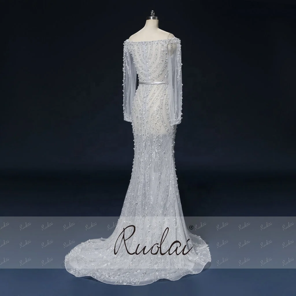 PEV-L3058 Luxury Heavy Beaded Party Gowns See Through Long Sleeve Customized Sexy Off Shoulder Evening Dress From Istanbul