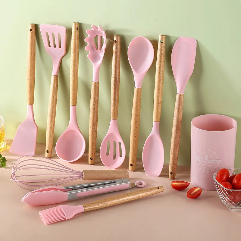 Reasonable Price 12 in One Silicone Kitchenware Products Non-Stick Heat Resistant Kitchen Utensils Set With Wooden Handle