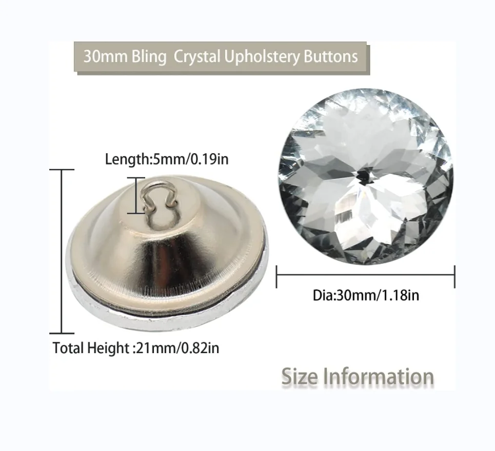 25mm Rhinestone Crystal Buttons Clear TuftingButtons Upholstery Buttons with Metal Loop Buttons for Sewing Sofa Bed Headboard