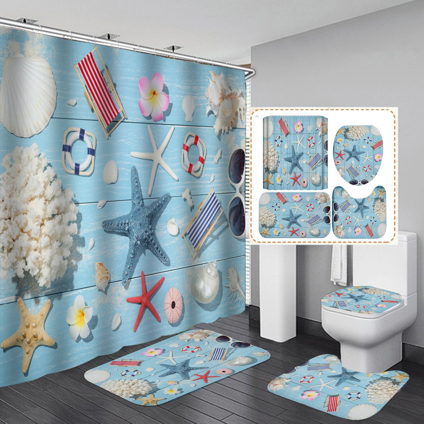New Product Art Fashion Waterproof Bathroom Bath Mat Set Shower Curtains