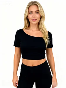 Women's Summer Knitted Soft Stretch High Quality Fashion  Asymmetrical Neckline Elegant Cropped Shirts