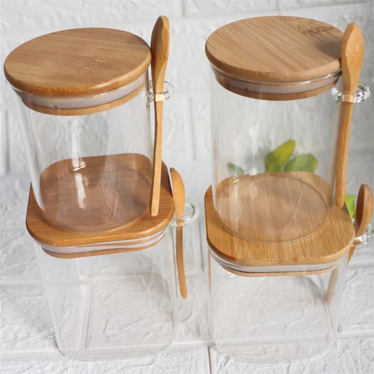 Glass Storage Container with Bamboo Lids and Spoon Kitchen Condiment Glass Ware Airtight Food Storage Container Jars