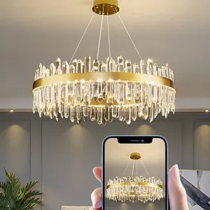 Decoration Luminous Lamp Brushed Gold Crystal Ring Chandelier Luxury Ceiling Hanging Lighting Fixture