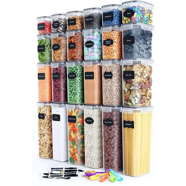 24 Pack Hot Selling Plastic BPA Free Airtight Dry Cereal Food Storage Boxes Containers  Set for Kitchen